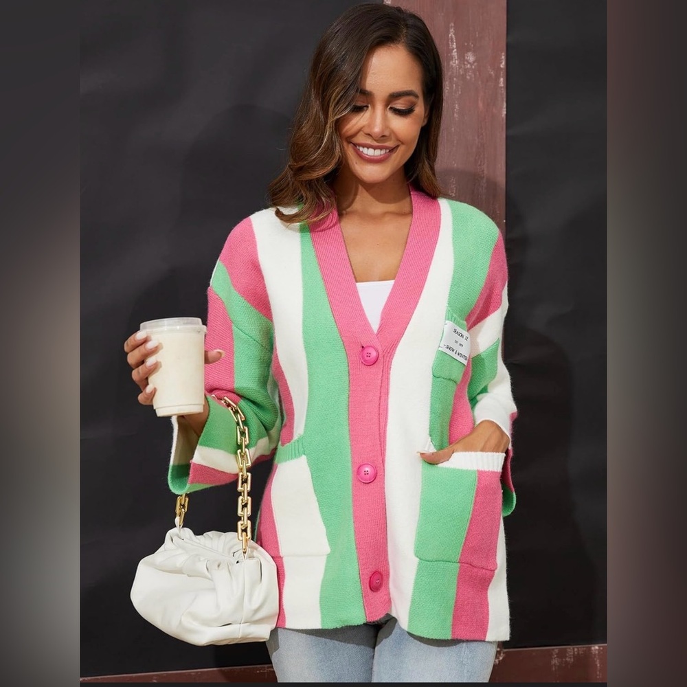 JASCLS Long Sleeve Cable Knitted Color Block Boho Striped Sweater Cardigan